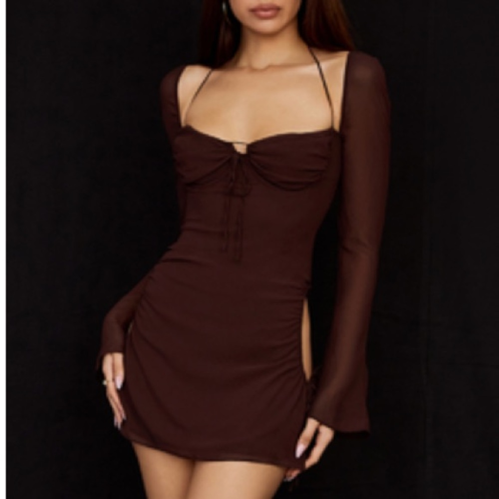 House of CB Brown Ruched Bodycon Dress with Bell Sleeves